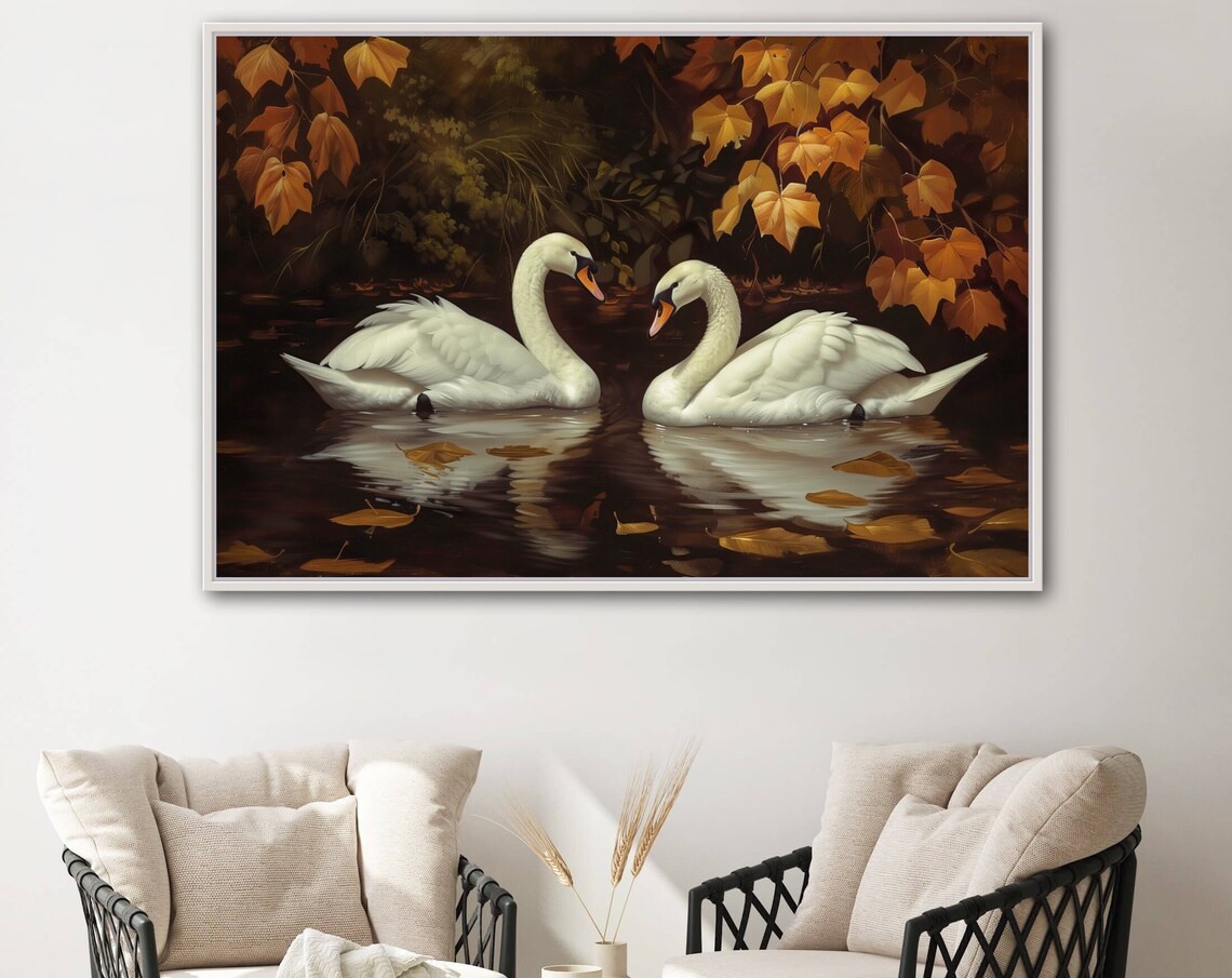 Romantic Swan Painting Print, Lake Maple Leaf Decor
