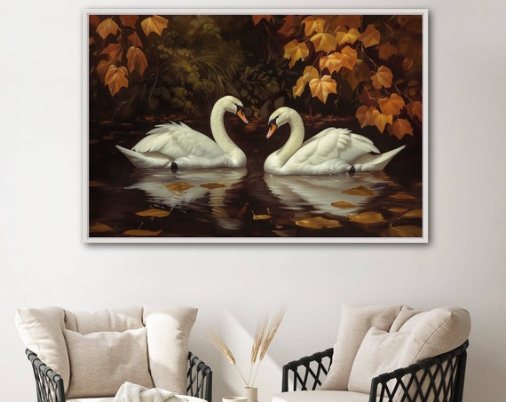 Romantic Swan Painting Print, Lake Maple Leaf Decor