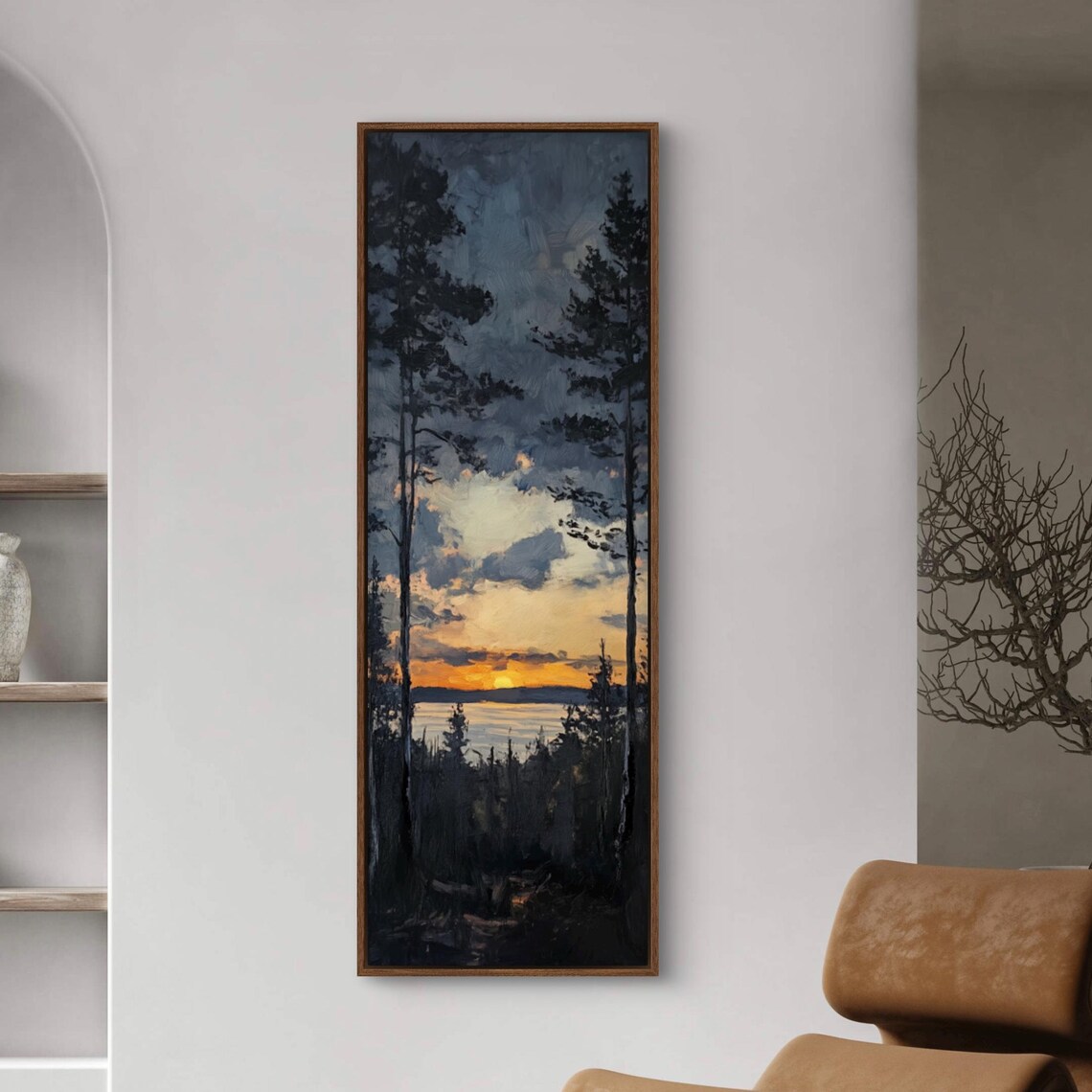 Lake Sunset Wall Art Tall Vertical Forest Print With Tree Silhouettes Mystical Twilight Sky And Reflective Water For Elegant Home Decor