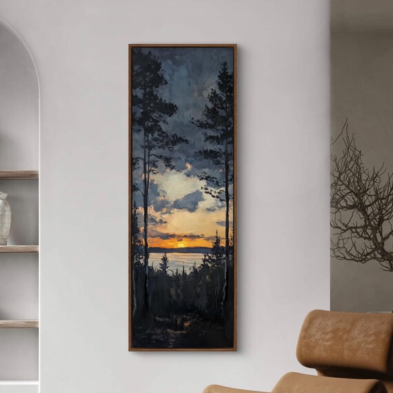 Lake Sunset Wall Art Tall Vertical Forest Print With Tree Silhouettes Mystical Twilight Sky And Reflective Water For Elegant Home Decor