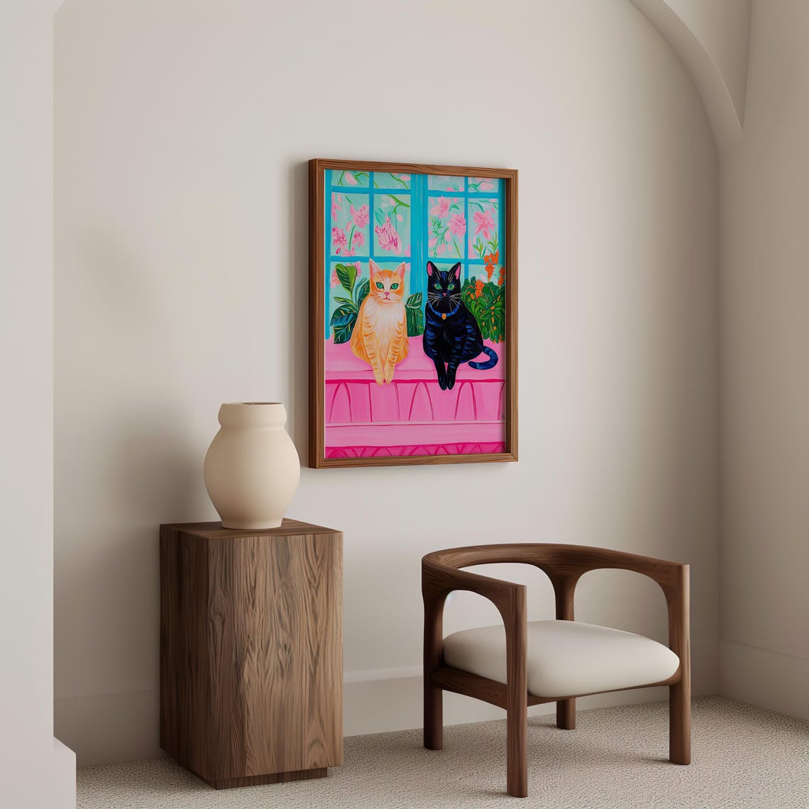 Ginger and Black Cats on a Pink Ledge by Floral Window Poster - Image 6