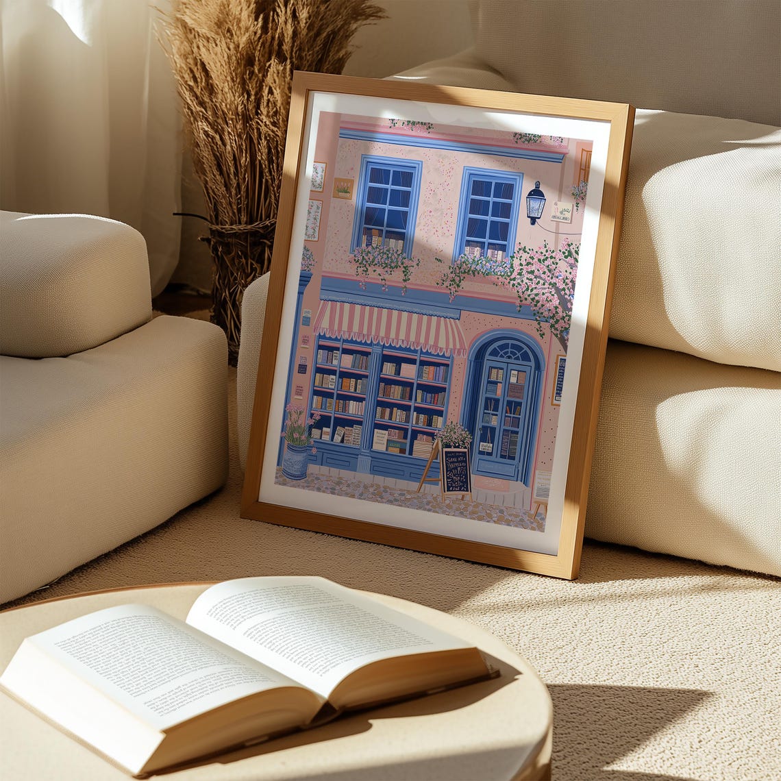 Blue Bookshop Facade With Striped Awning And Blossom Tree Art Poster - Image 5