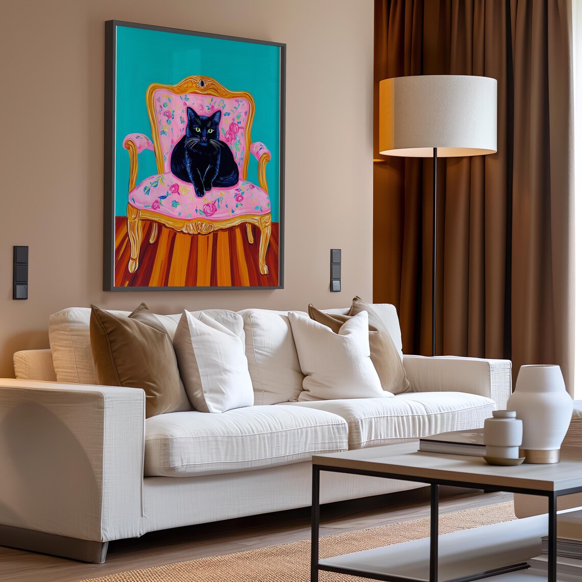 Regal Black Cat Seated on a Pink Floral Armchair Pop Art Poster - Image 5