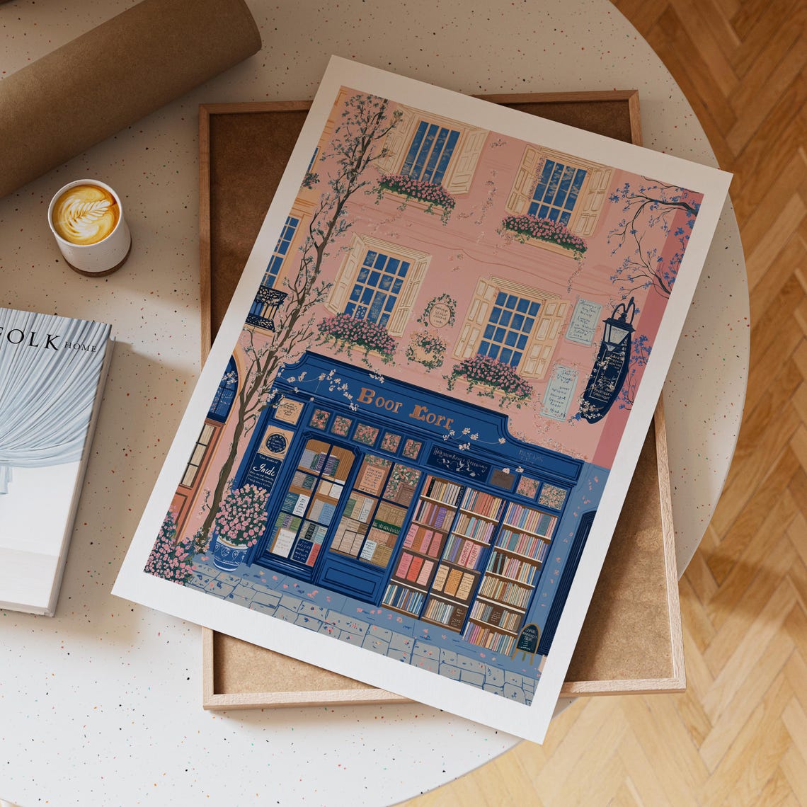 Old Bookshop Storefront With Blue Facade And Pink Building Poster - Image 2