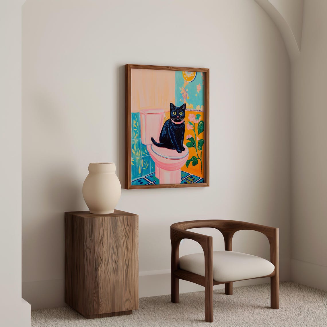 Black Cat With Pink Collar on a Tropical Bathroom Toilet Poster - Image 6