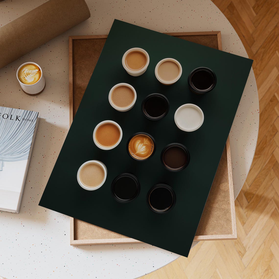 Twelve Coffee Cups Viewed From Above On Deep Green Background Poster - Image 5