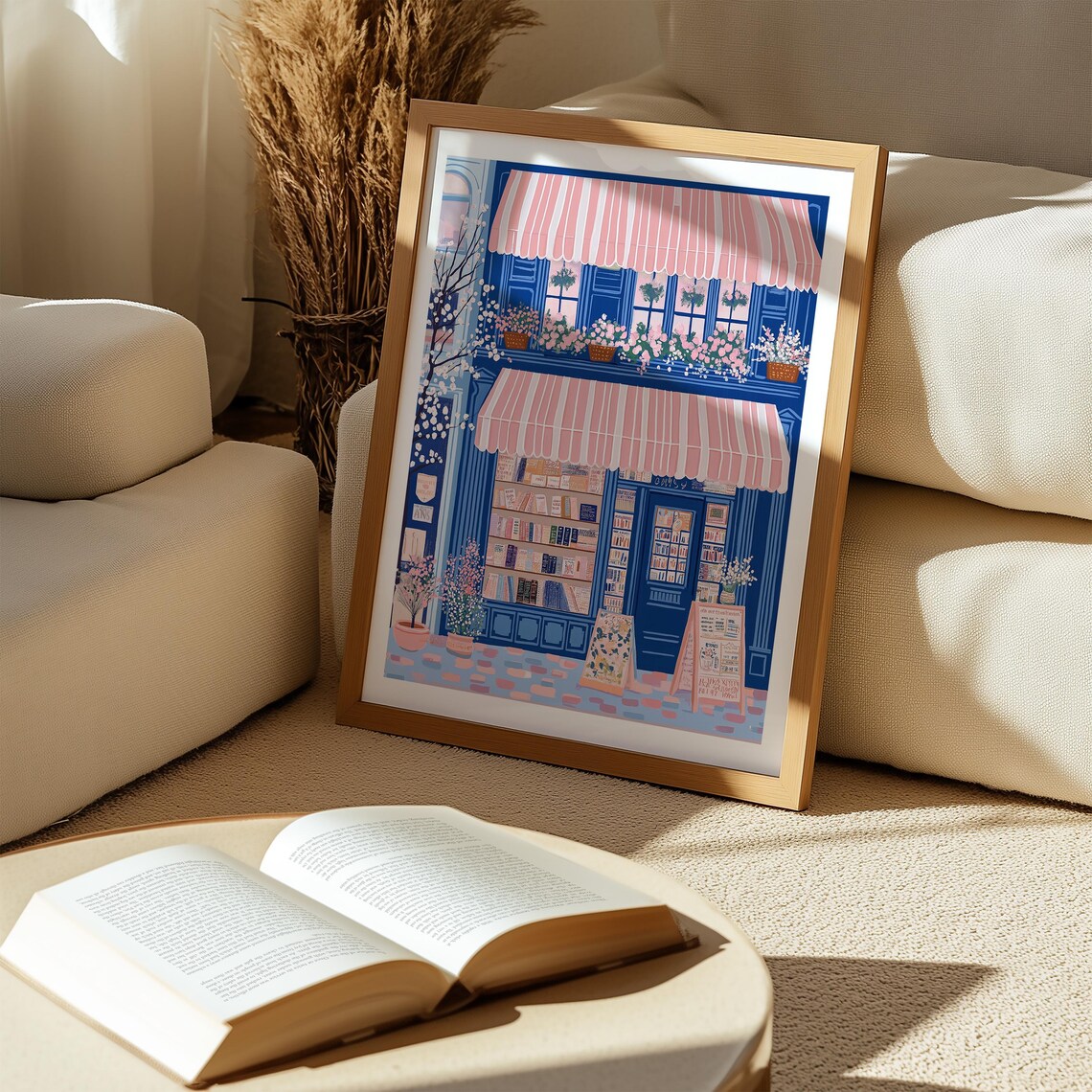 Blue Bookshop With Double Pink Awnings And Blossom Tree Street Poster - Image 5
