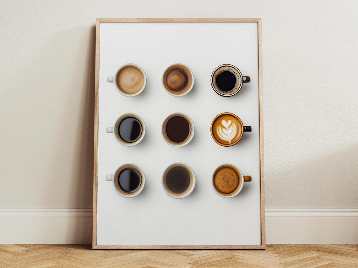 Nine Cups of Coffee from Above Minimalist Kitchen Art Poster