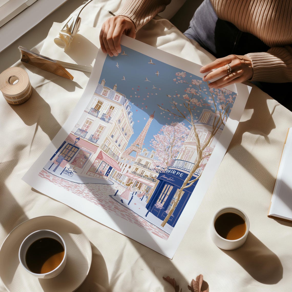 Paris Eiffel Tower Cherry Blossom Street Cafe in Spring Poster - Image 2