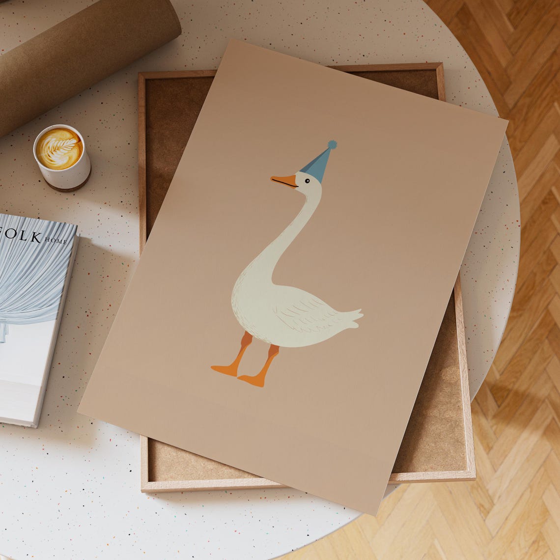 White Goose Wearing A Blue Party Hat On A Beige Background Poster - Image 6
