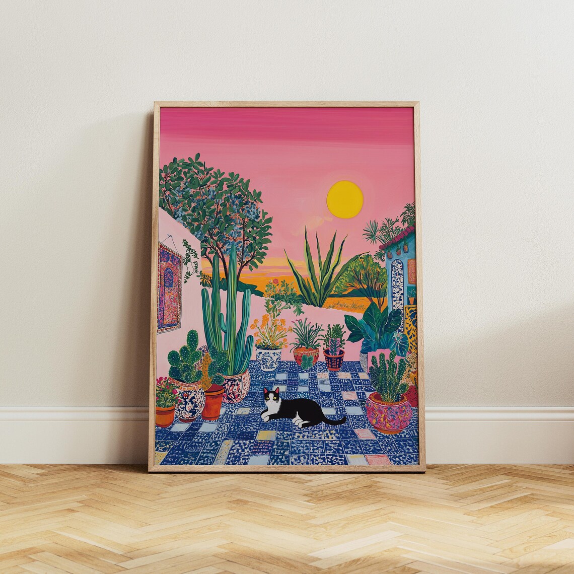 Sunset Moroccan Courtyard With Cat Among Cacti Painting Poster - Image 2