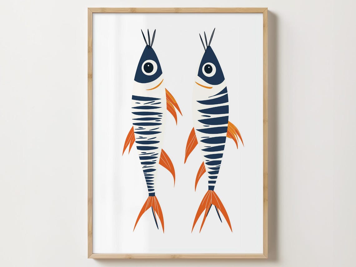 Two Striped Sardine Illustrations In Navy Blue And Orange Art Poster