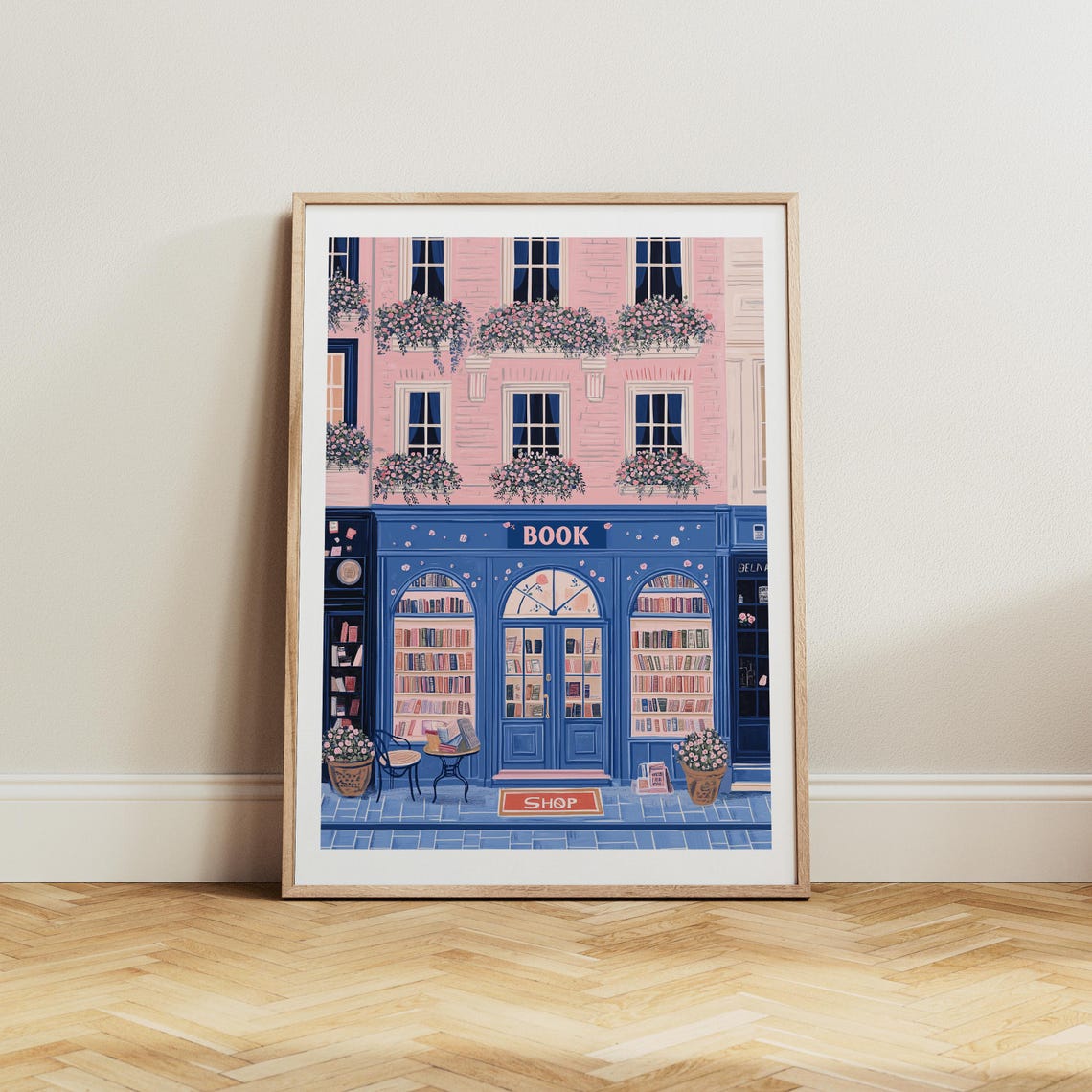 Blue Bookshop Storefront With Pink Building And Cafe Table Poster - Image 3