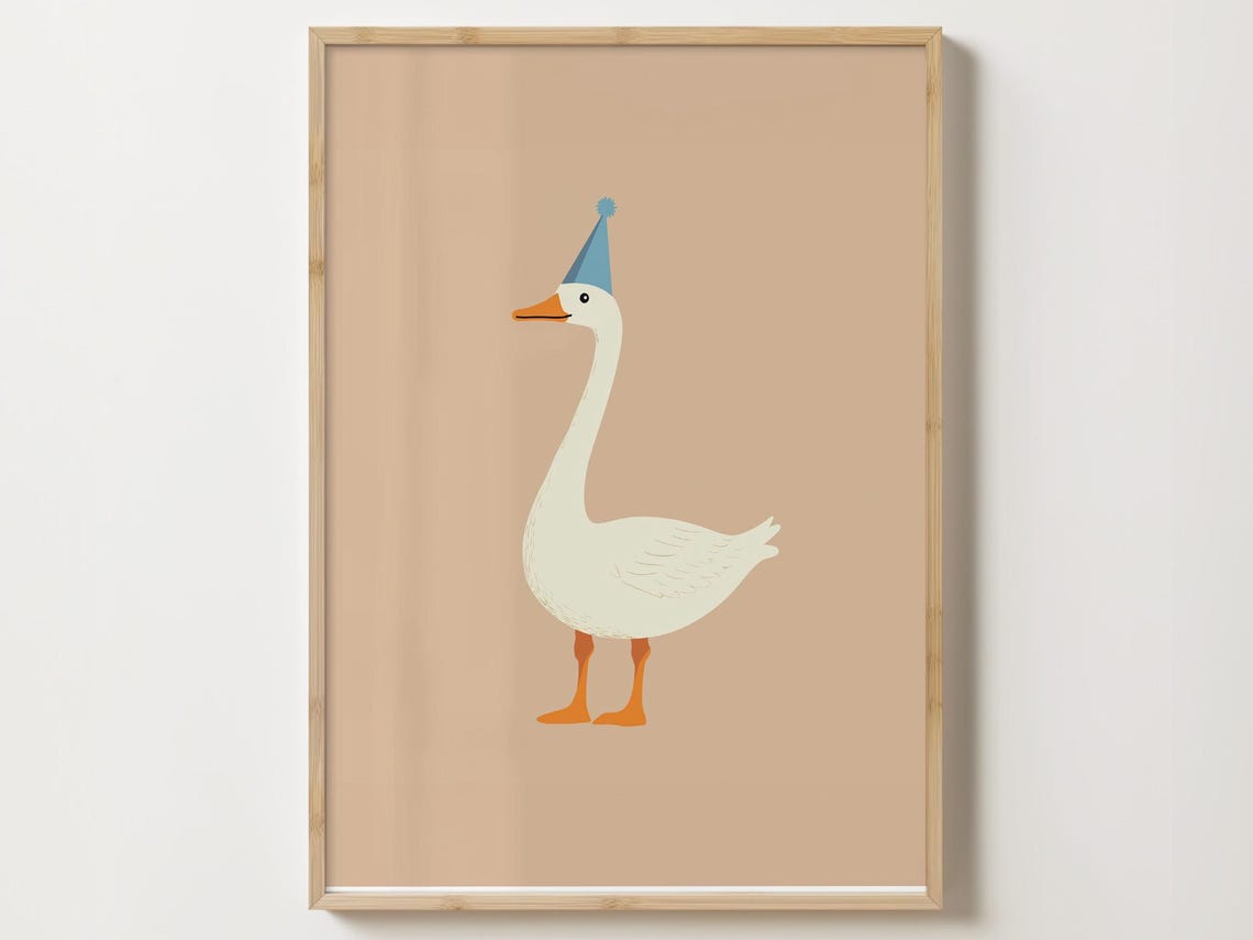 White Goose Wearing A Blue Party Hat On A Beige Background Poster