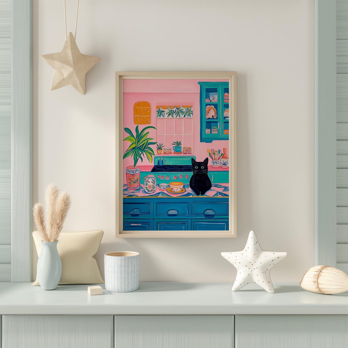 Black Cat Relaxing in a Cheerful Pink and Teal Kitchen Art Poster - Image 4
