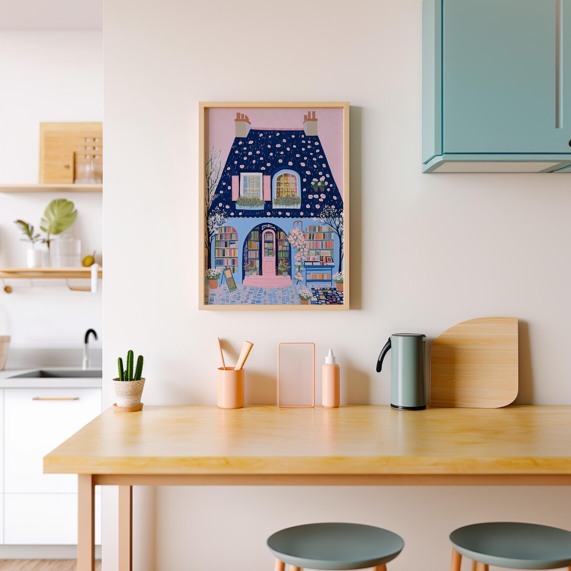 Pink Parisian Bookshop Cottage With Rose Covered Navy Roof Print - Image 5