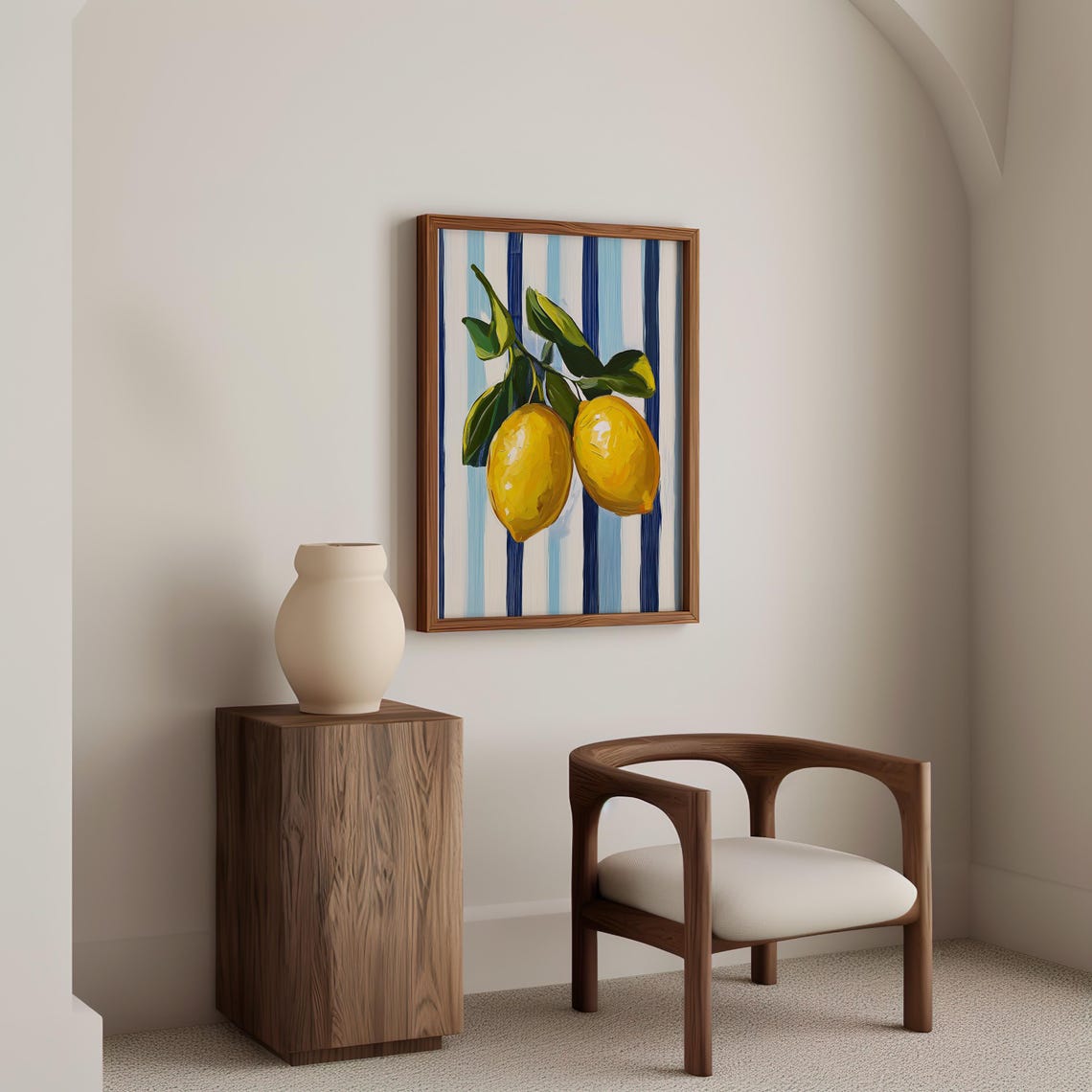 Two Ripe Yellow Lemons On A Branch Over Blue Striped Canvas Poster - Image 4