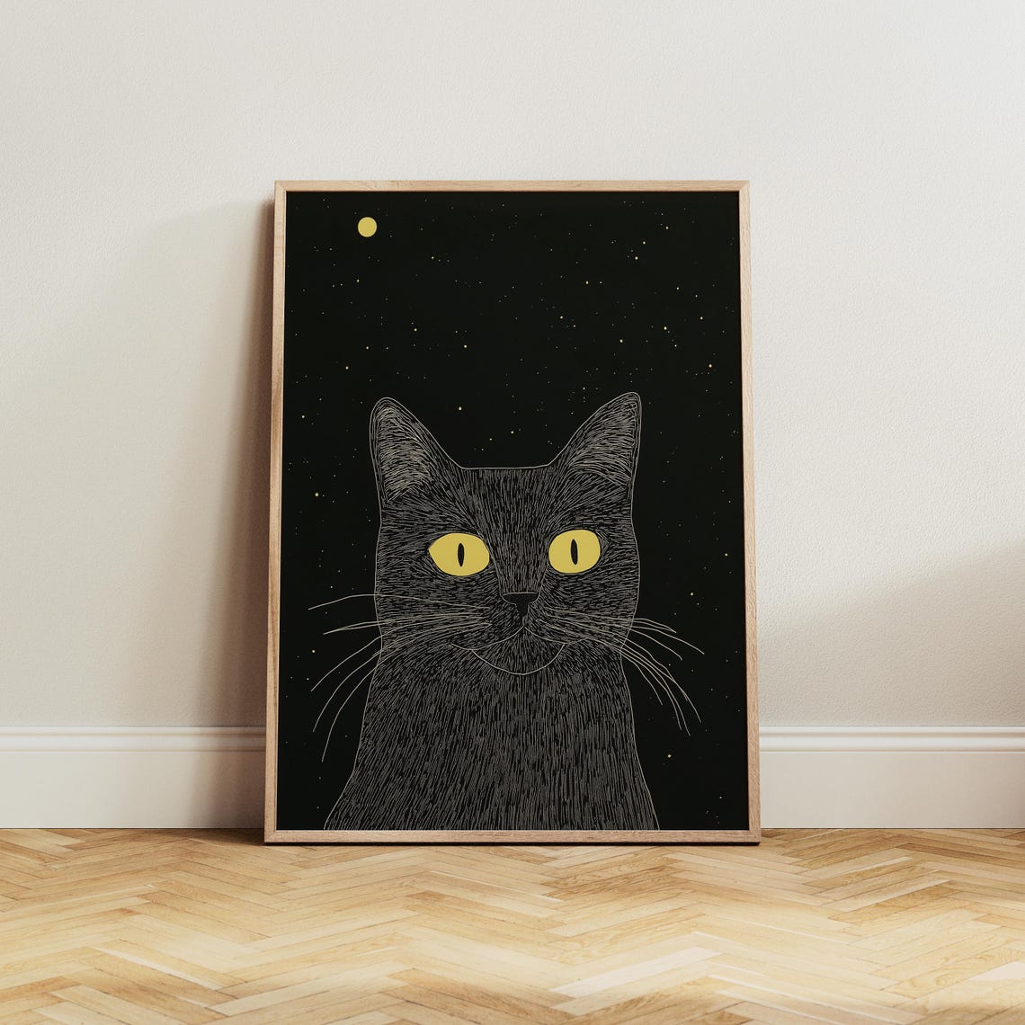 Black Cat With Yellow Eyes Staring Under A Starry Night Sky Poster - Image 5