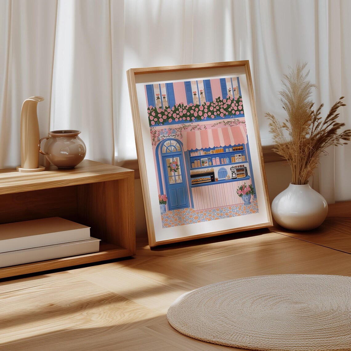 Pink And Blue Parisian Patisserie Kiosk With Roses And Awning Poster - Image 4