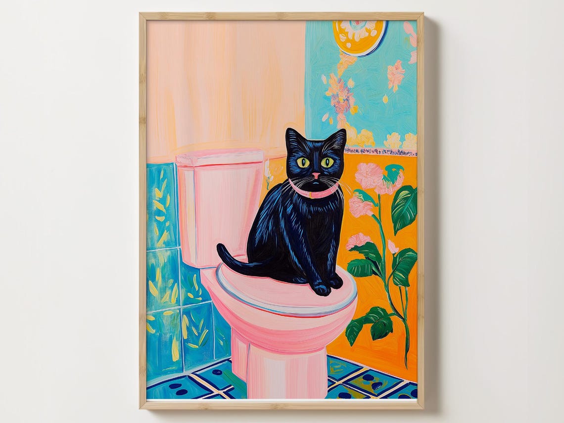 Black Cat With Pink Collar on a Tropical Bathroom Toilet Poster
