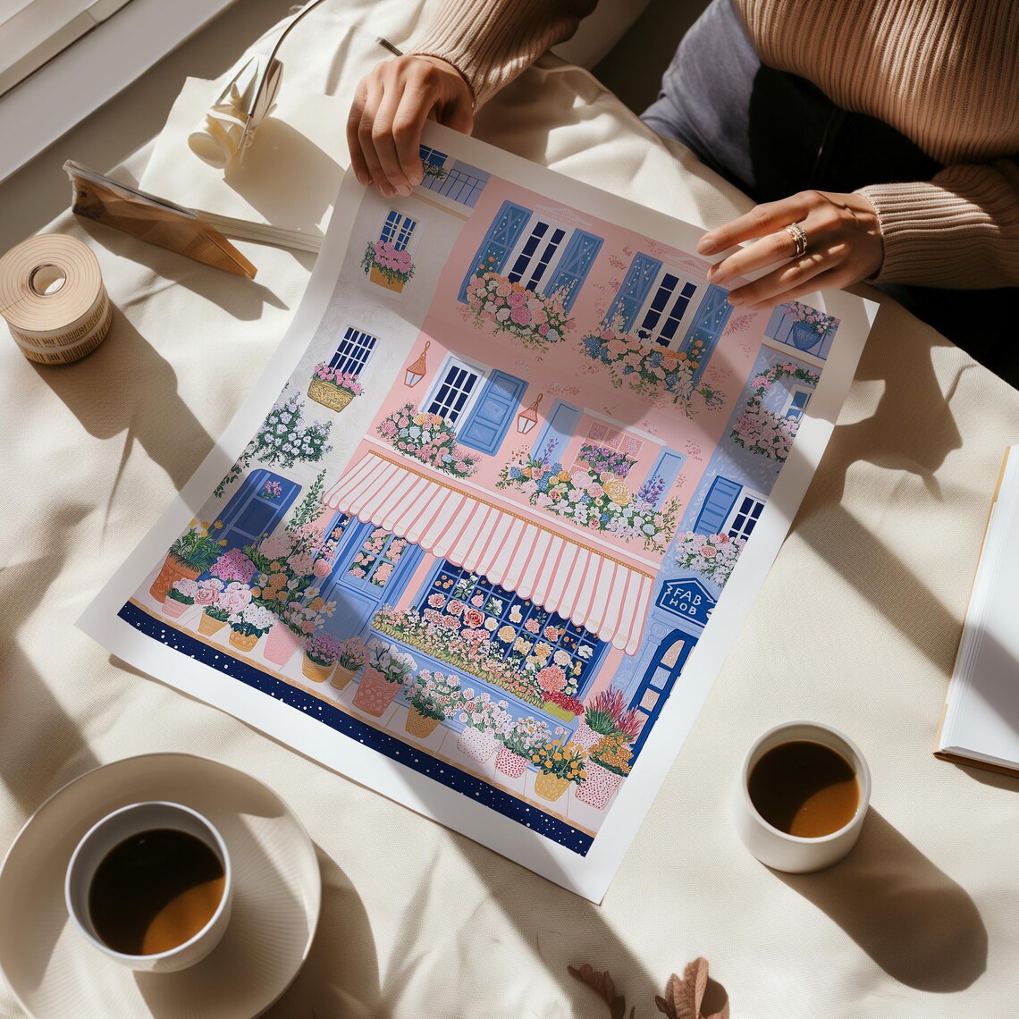 Pink And Blue Flower Shop Front With Striped Awning And Blooms Poster - Image 2