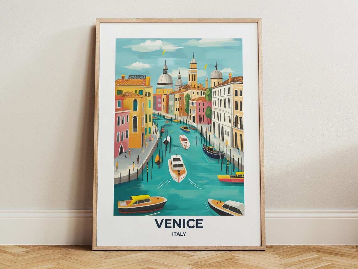 Venice Italy Grand Canal Travel Poster With Boats and Palazzi
