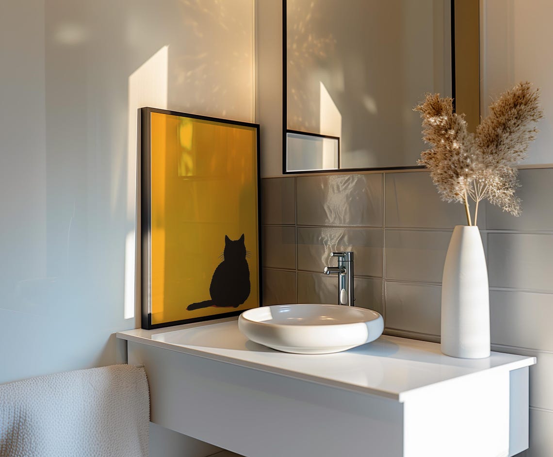 Black Cat Silhouette Sitting Alone On A Bold Yellow Background Poster - Image 4
