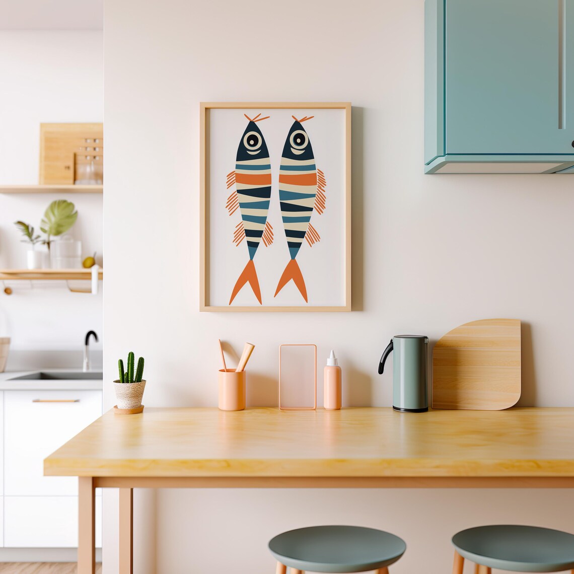 Pair Of Striped Fish In Navy Orange And Cream Minimal Wall Poster - Image 4