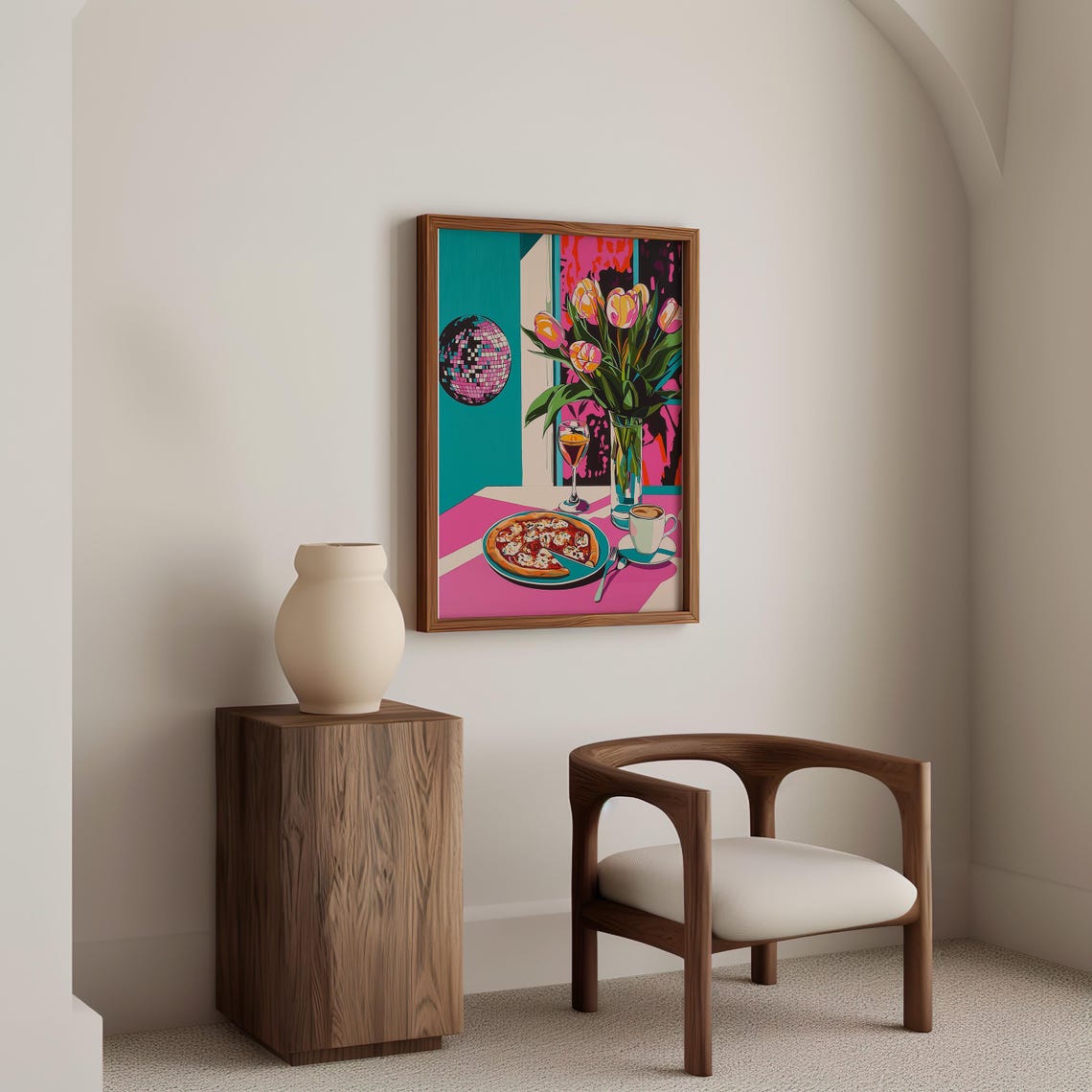 Pop Art Still Life With Tulips Pizza Wine And Disco Ball Poster - Image 4