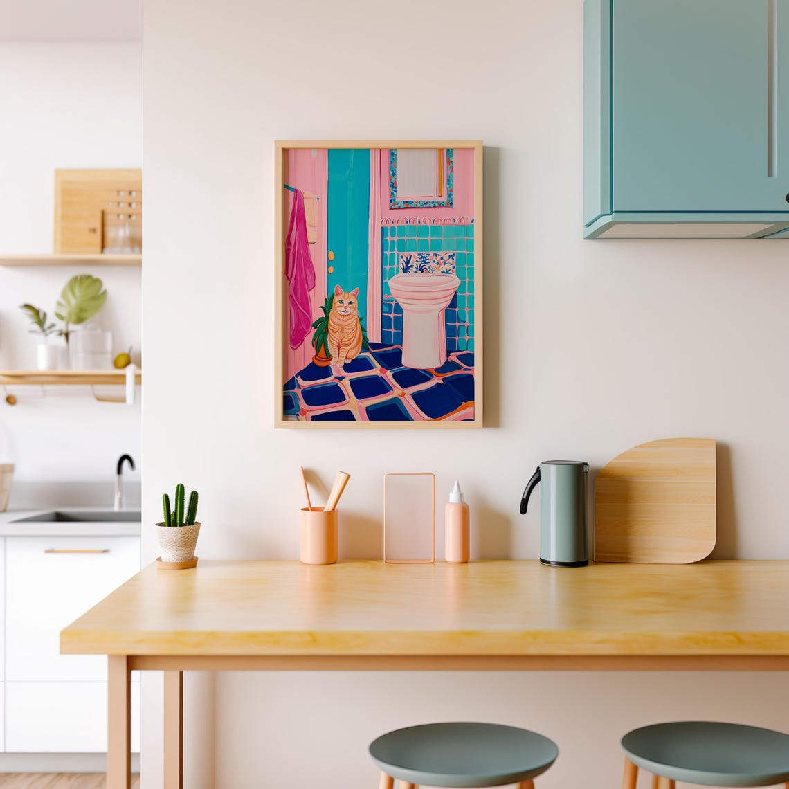 Orange Tabby Cat Beside a Pink Sink in a Bold Bathroom Poster - Image 3