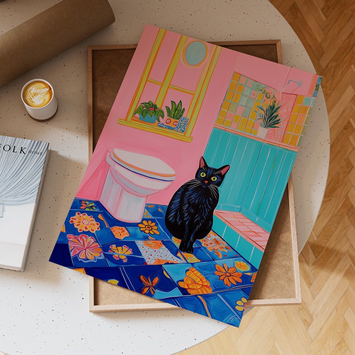 Black Cat Standing Beside a Toilet in Retro Pink Bathroom Poster - Image 2