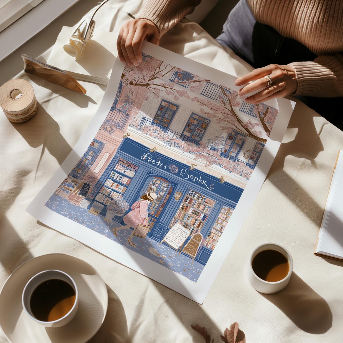 Woman Strolling Past a Spring Bookshop Storefront Art Poster - Image 3
