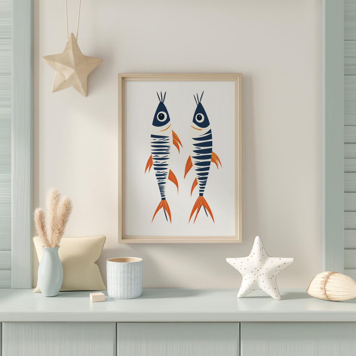 Two Striped Sardine Illustrations In Navy Blue And Orange Art Poster - Image 3