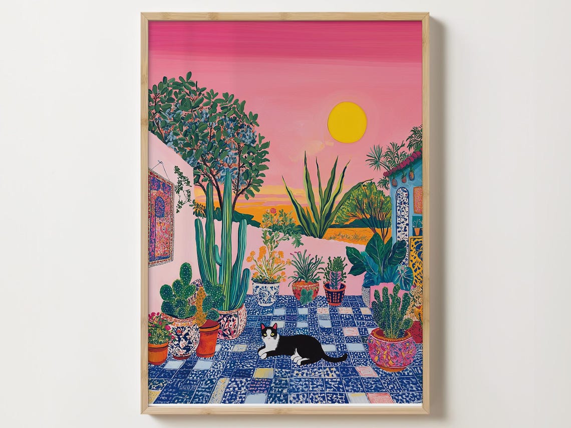 Sunset Moroccan Courtyard With Cat Among Cacti Painting Poster