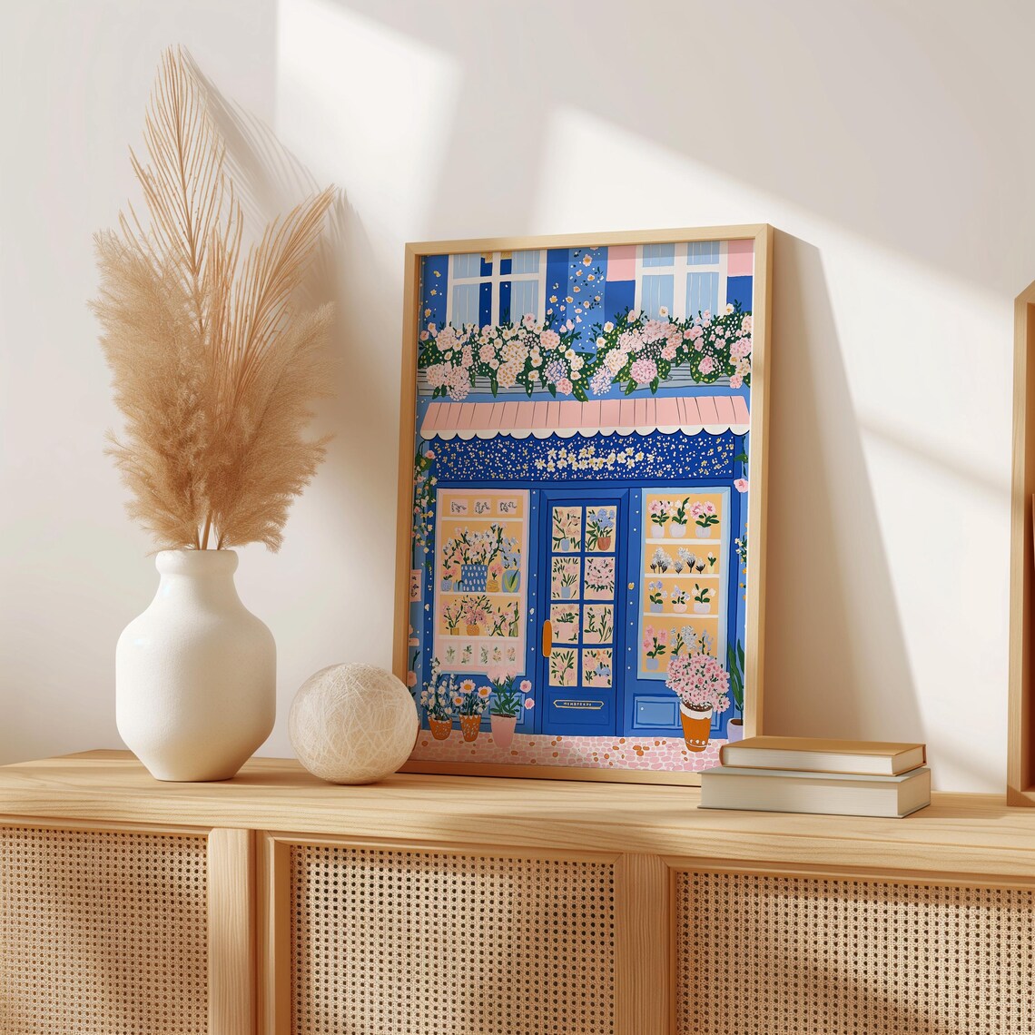 Blue Flower Shop Front with a Charming Pink Awning Floral Art Poster - Image 3