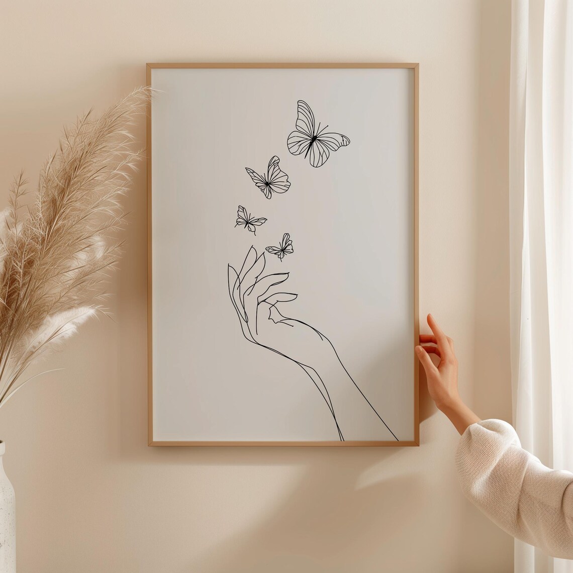 Minimalist Hand Butterflies Line Art, Modern Decor