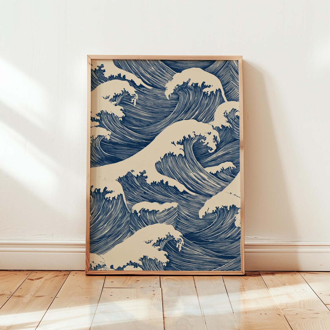 Japanese Woodblock Indigo Ocean Waves Cream Hokusai Style Poster