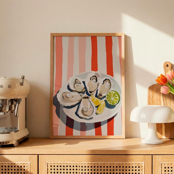 Fresh Oysters On Ice Red Stripe Kitchen Still Life Food Poster