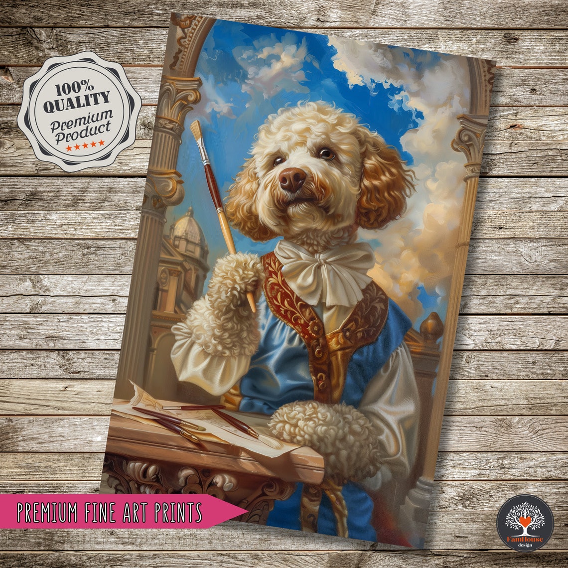 Curly Cream Dog Artist in Blue Baroque Coat Painting Studio Poster - Image 2