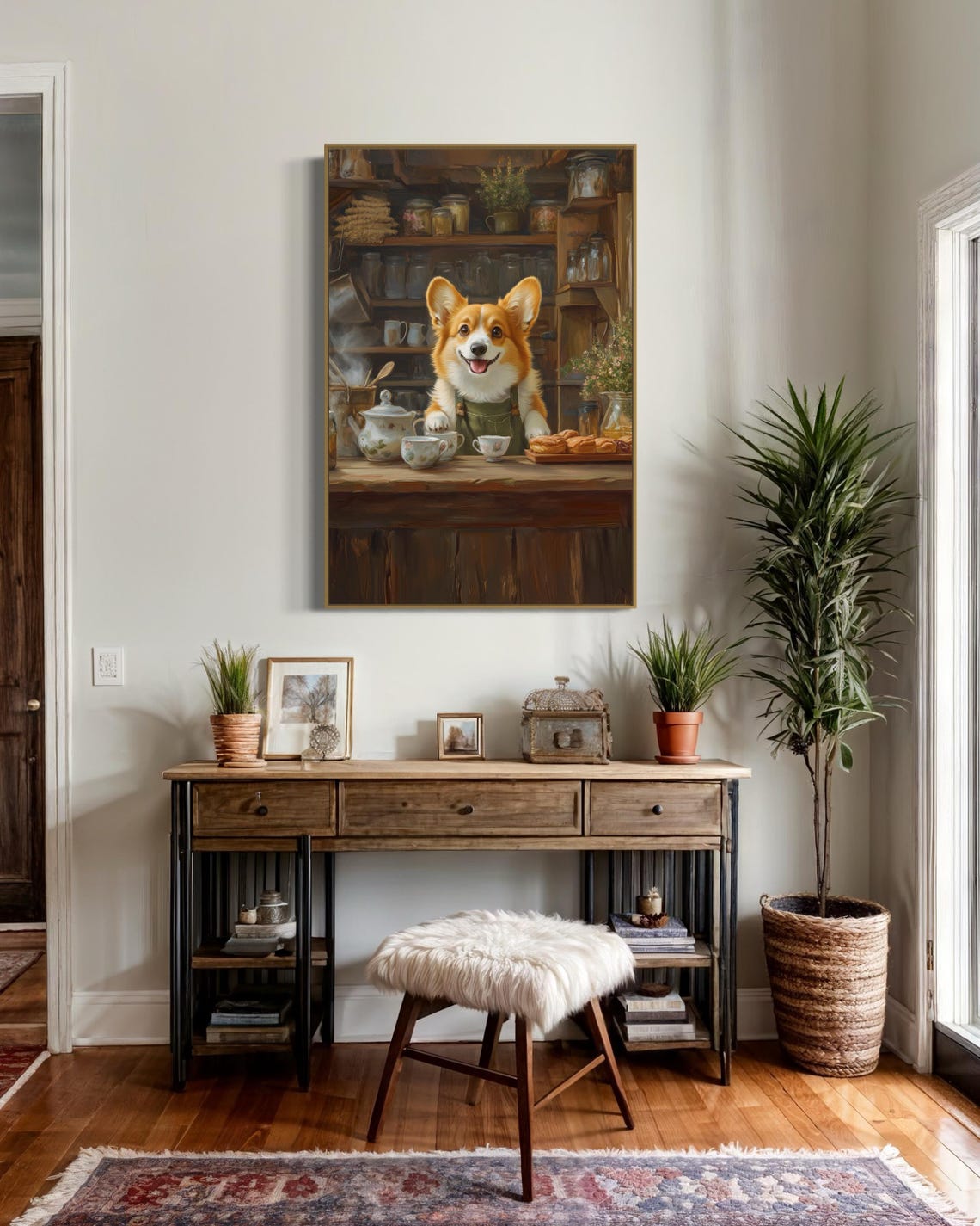 Corgi Tea Shop Barista Behind Rustic Counter with Teapots Poster - Image 3