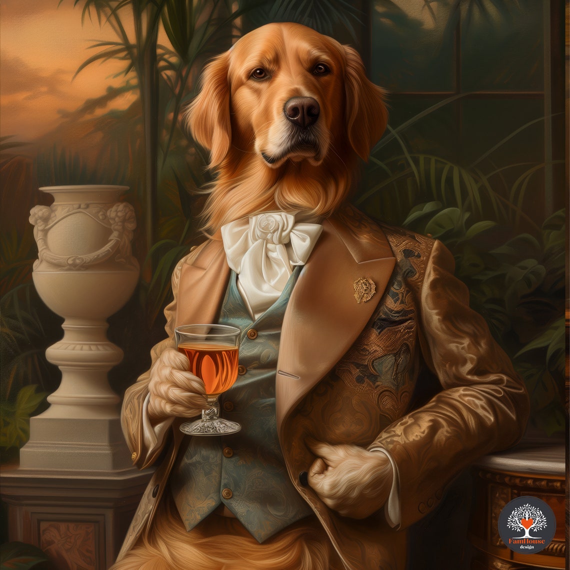 Golden Retriever Gentleman in Gold Suit Holding Whiskey Poster - Image 6
