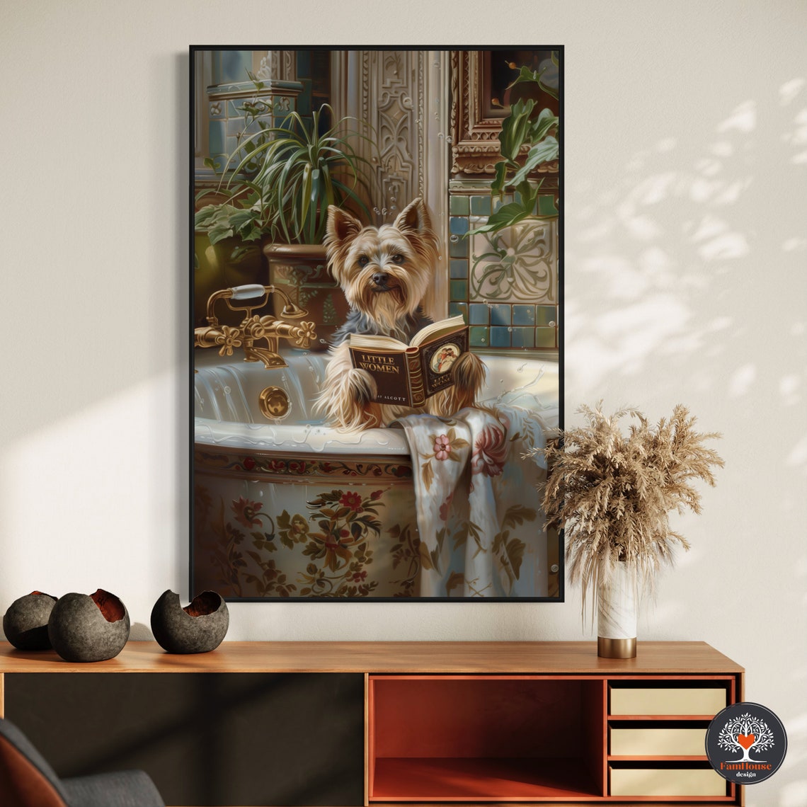 Yorkshire Terrier Reading Little Women Book in Vintage Bathtub Poster - Image 3