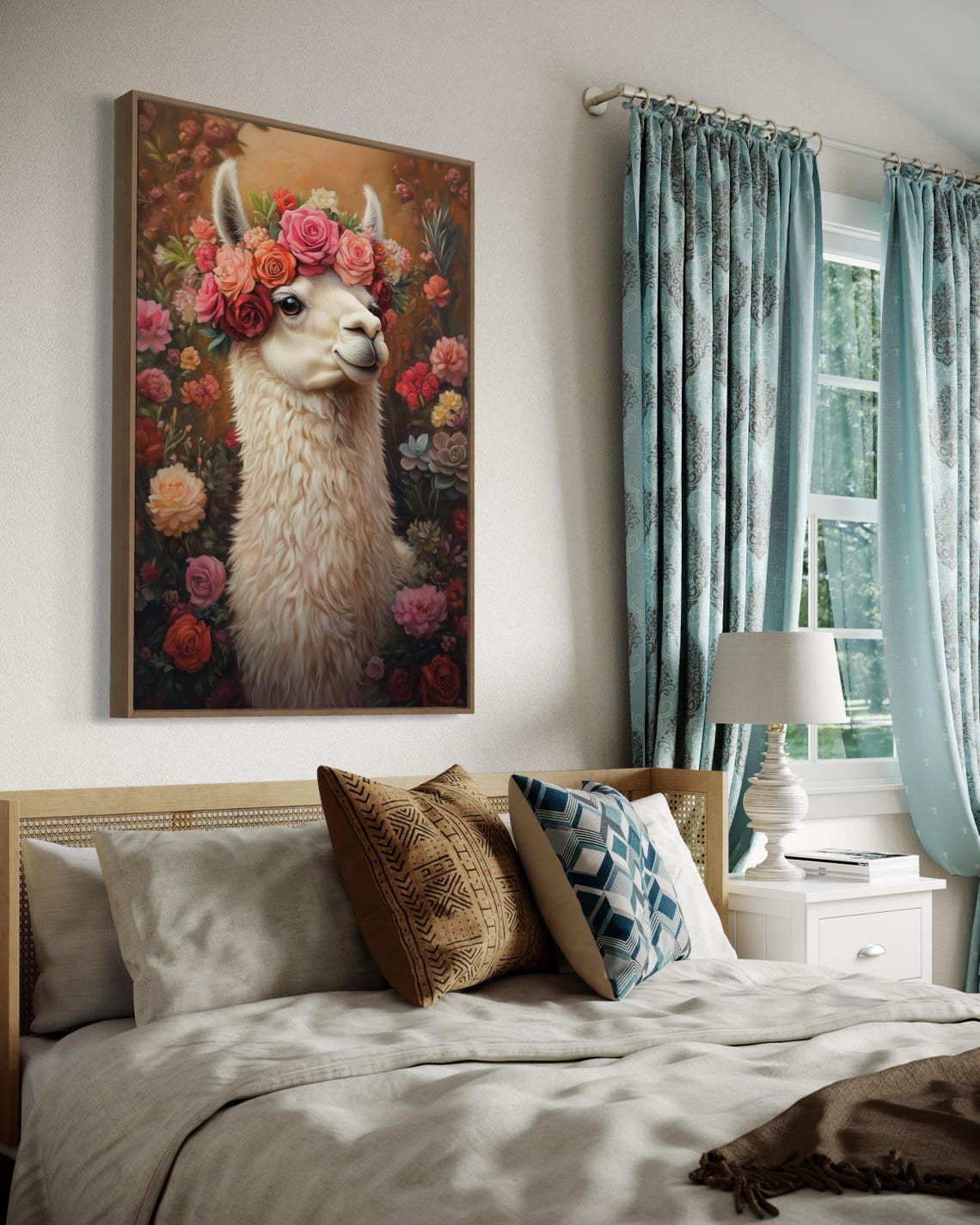 Smiling White Llama Wearing Floral Crown in Blooming Garden Poster - Image 4
