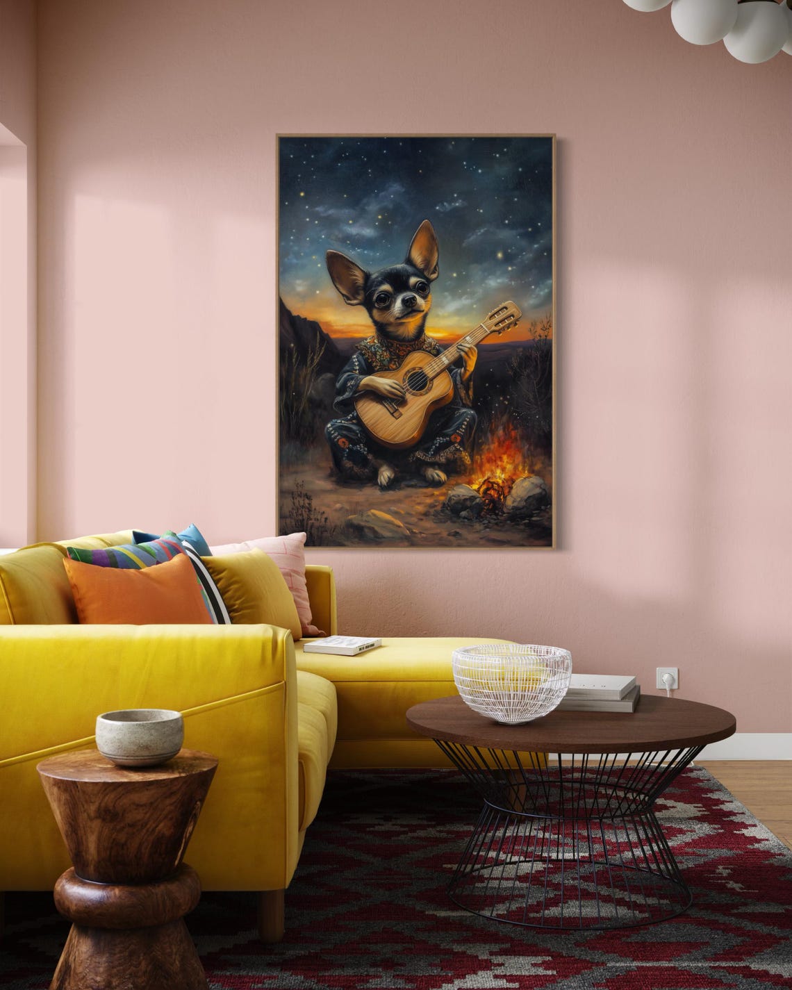 Tiny Chihuahua Mariachi Playing Guitar by Campfire at Sunset Poster - Image 3