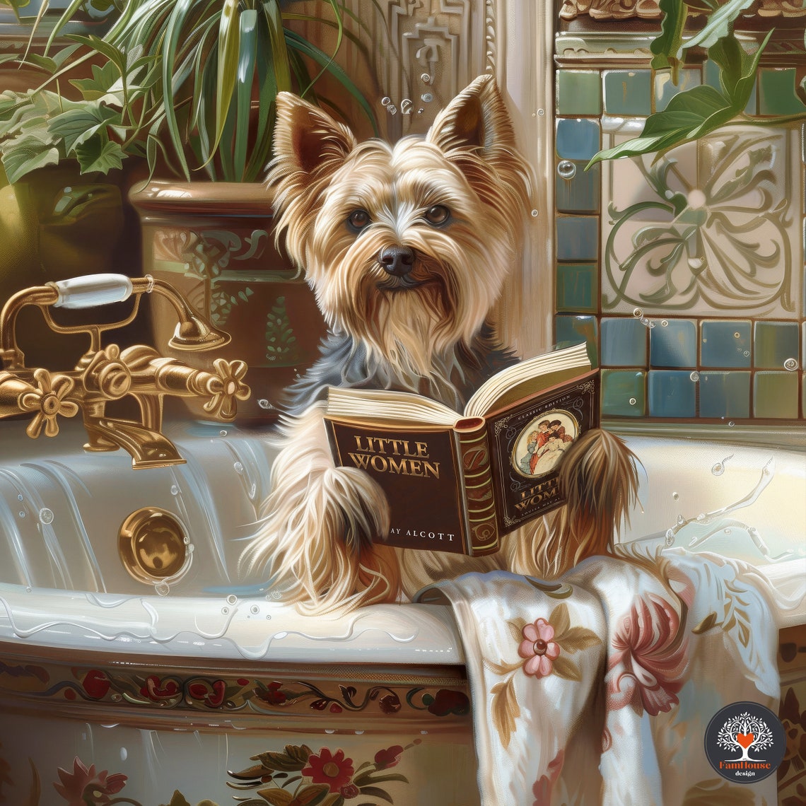Yorkshire Terrier Reading Little Women Book in Vintage Bathtub Poster - Image 6