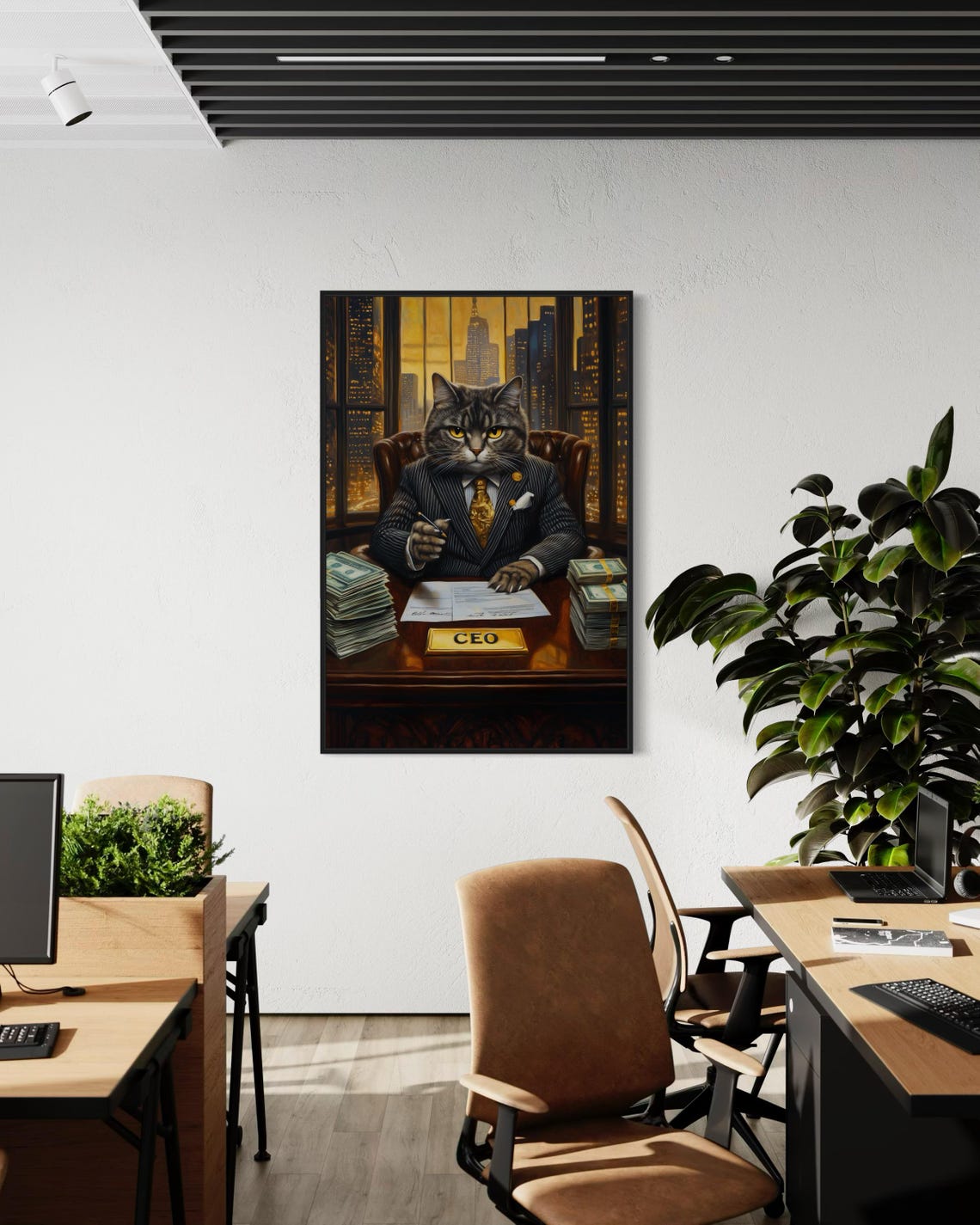 Tabby Cat CEO in Pinstripe Suit with Cash Stacks Office Poster - Image 5