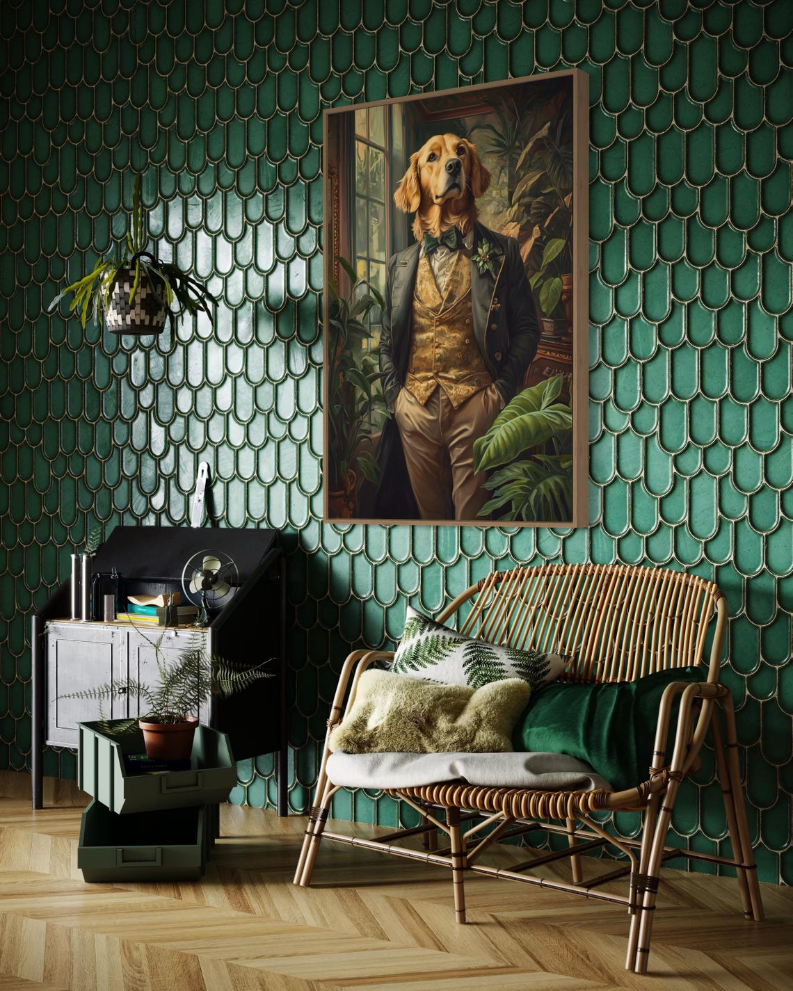 Golden Retriever Gentleman in Tailcoat Among Tropical Plants Poster - Image 3