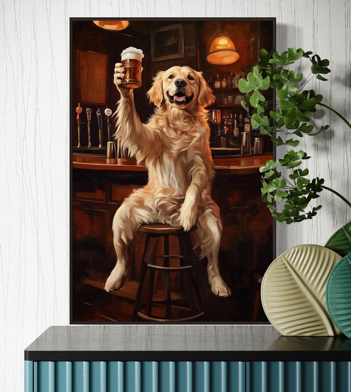 Golden Retriever Bar Dog Art Print, Rustic Tavern Decor