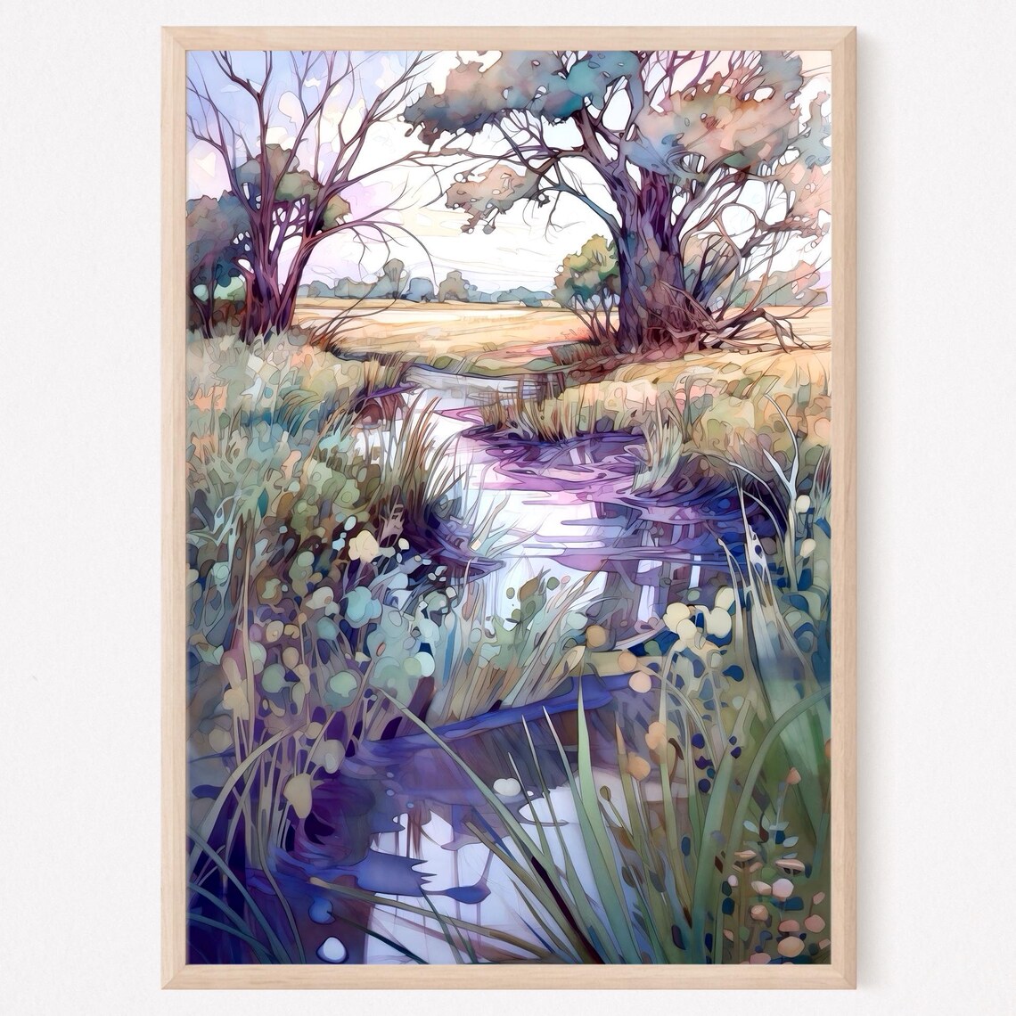 Purple Wetland Stream with Tall Reeds Watercolor Landscape Poster