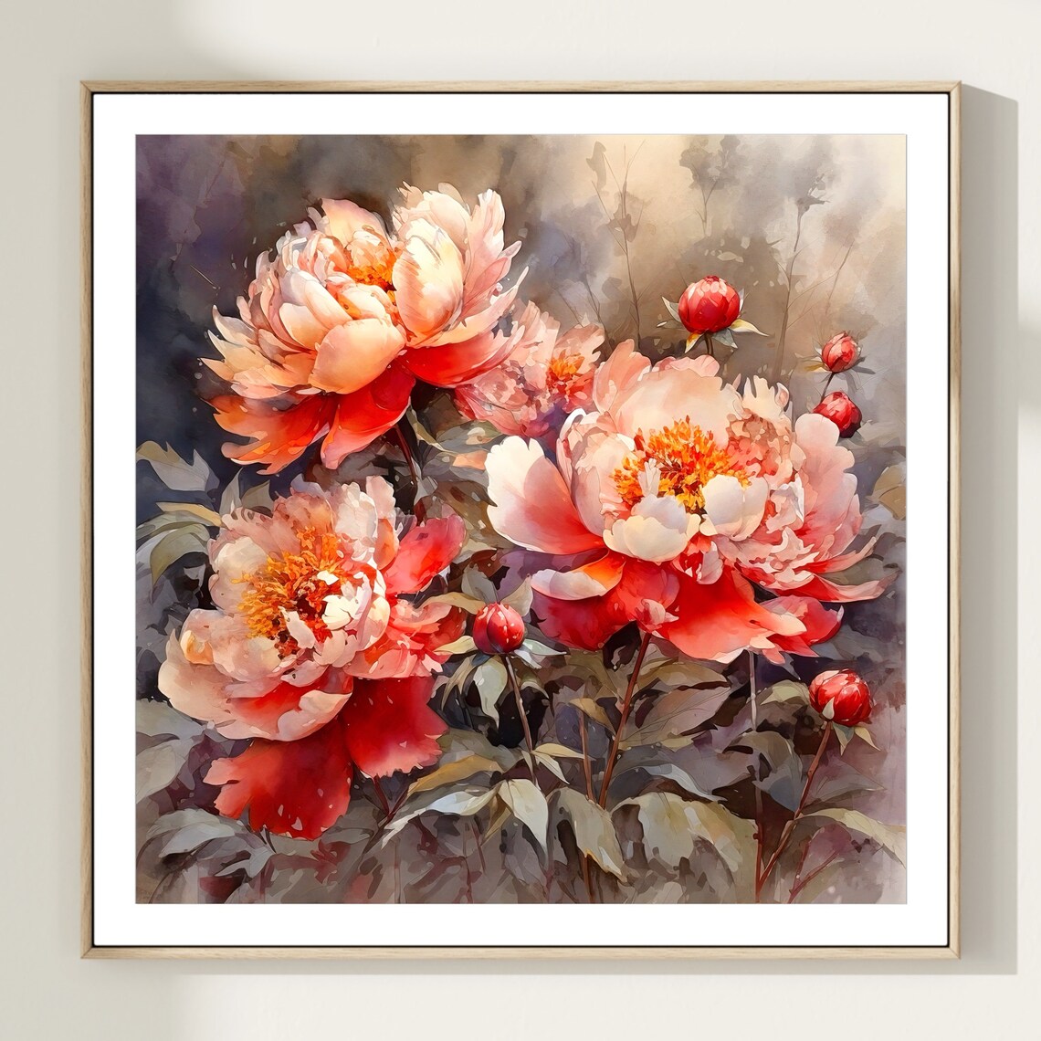 Vivid Coral Red Peonies Bloom Watercolor Floral Portrait Poster - Image 2